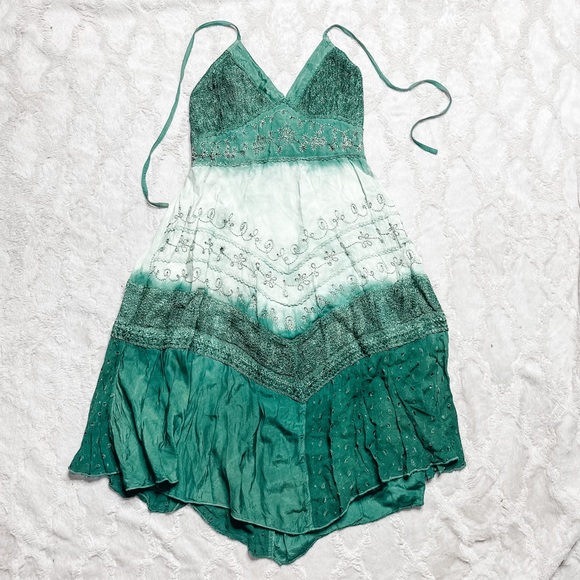 90’s Vintage L.S.I. Ombré Embroidered Tie Die Green Halter-neck Dress L - Picture 1 of 9